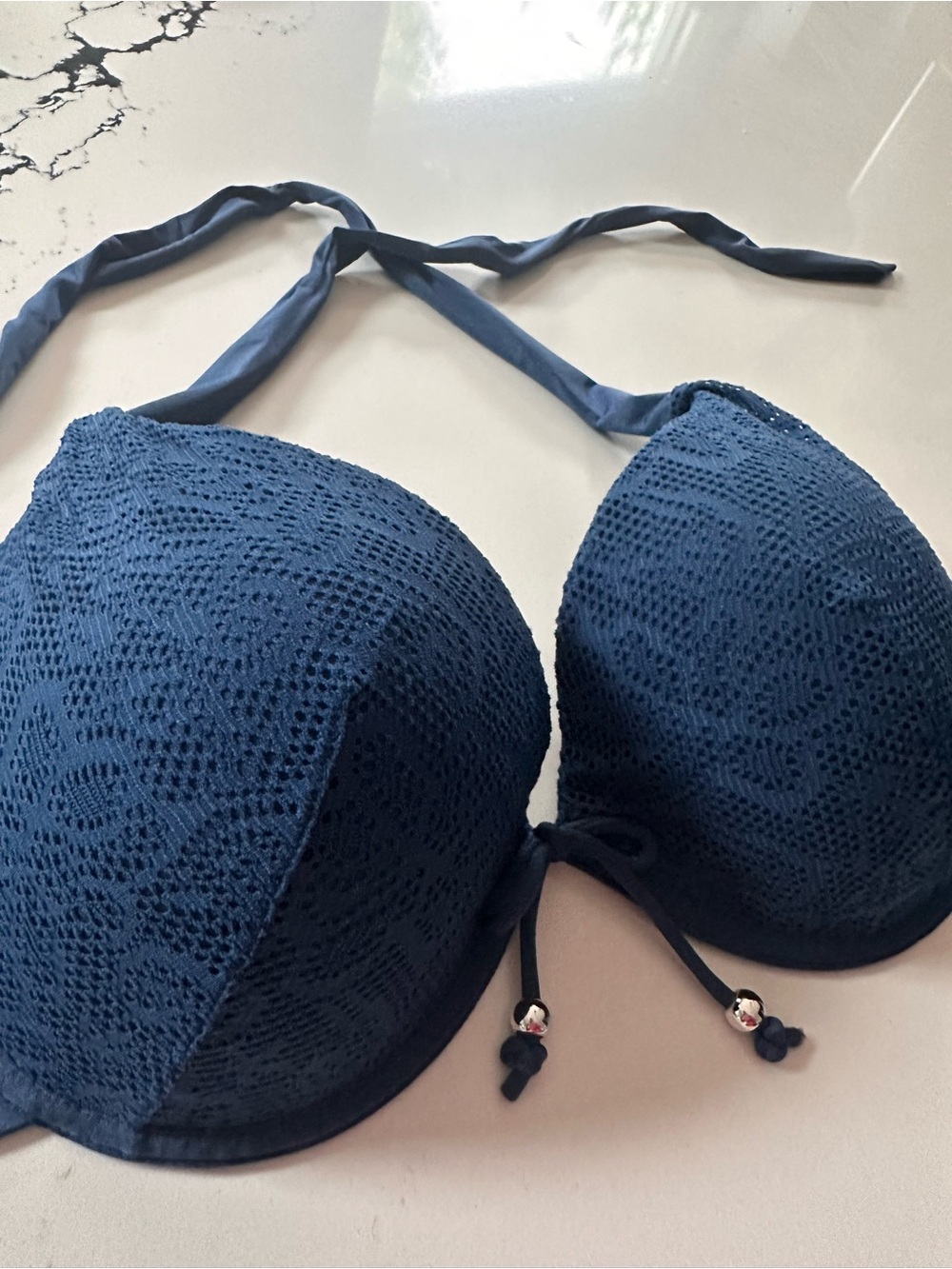 Pour Moi Lace Padded Push-up Bikini Top, Halter Neck, Size 32FF UK/ 32H US, Blue - Picture 3 of 7